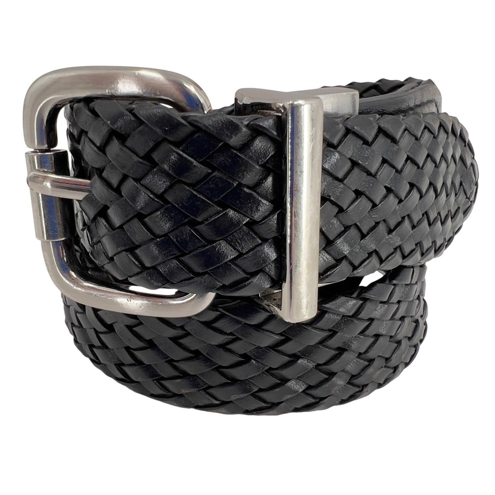 Chaps Boys M 26-28 Belt Black Woven Braided Leather Silver Buckle Preppy Classic